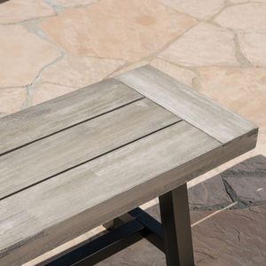 Panca da pranzo in legno di acacia grigio chiaro con finitura sabbiata e telaio in metallo nero rustico, panche da patio - Product Image 5