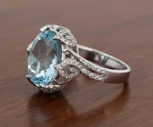 Bague romantique en argent 925 avec pierre précieuse ovale en aquamarine pour femme, style Art Déco, pour mariage, fête, cadeau pour elle - Product Image 1