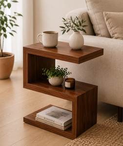 Mesa Auxiliar Moderna de Madera Geométrica de 3 Niveles en Forma de Z con Estante Abierto para Decoración de Sala de Estar - Product Image 1