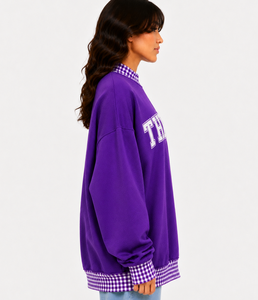 Custom Women’s Heavyweight Oversized Mockneck Sweatshirt Plaid Gingham <b>Patchwork</b> Casual Varsity Streetwear <b>Top</b> - Product Image 2