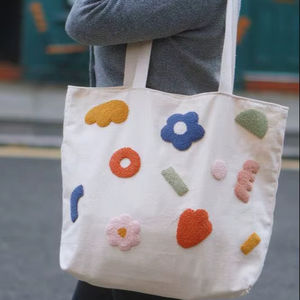 Bolsos de Mano de Lona de Algodón Hechos a Mano, Bolsos de Hombro con Parches Abstractos de Chenilla, Bolsos de Compras Reutilizables para Mujer, Bolsos de Playa - Product Image 1