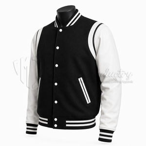 Chaqueta Varsity Personalizada en Blanco y Negro, Cuerpo de Lana, Mangas de Cuero, Chaqueta de Béisbol Letterman, Fabricante de Marca Privada OEM - Product Image 3