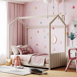 Letto a capanna in velluto beige per bambini, design elegante, in legno, misura Twin - Product Image 1