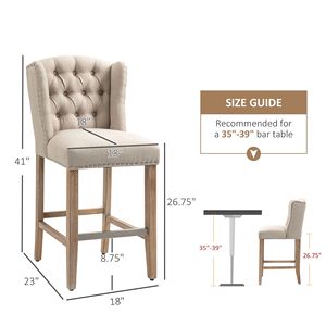 Set of 2 Counter Height Bar <b>Stools</b> 27\" Inch <b>with</b> Chrome Base Beige Tufted <b>Back</b> and Wood Legs Nailhead Trim - Product Image 3