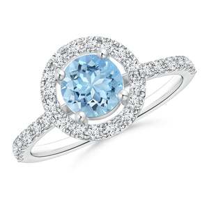 Bague halo aquamarine flottante avec accents de diamants, bijoux fins faits à la main, personnalisés, pour mariage et fiançailles, or massif 14 carats - Product Image 1