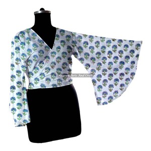 Vestido de algodón con lazo envolvente para mujer, conjunto de vestido con top envolvente de manga larga acampanada y cintura alta con estampado de bloques. - Product Image 2