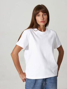 Camiseta de Cuello Redondo de Algodón Blanco para Mujer, Corte Regular, Color Sólido Informal, Top de Punto Transpirable para Todas las Temporadas - Product Image 1