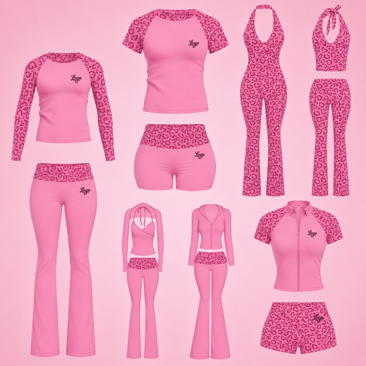 Custom Women's Pink Leopard Print Yoga Set Long Sleeve Crop Top & Shorts With Leggings Fitness & Gym Activewear