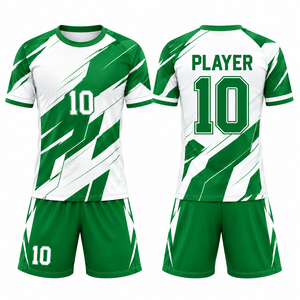 Tenue de football personnalisée verte et blanche à imprimé géométrique, sublimée, anti-humidité, manches courtes, coupe athlétique unisexe adulte - Product Image 1