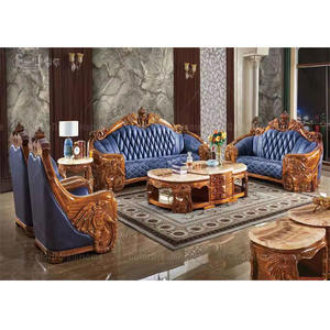 Magnifique ensemble de canapés de luxe sculptés à la main de style sud-est, en cuir bleu personnalisé, 7 places, capitonné, pour salon, USA Homes - Product Image 1