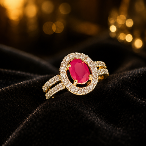 Luxury 14K <b>Gold</b> Women <b>Ring</b> with Red Oval Center Stone Premium Wedding Party Wear Jewelry Collection - Product Image 2