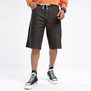 Pantalones Cortos de Mezclilla Negros Rotos para Hombre, Estilo Bermuda, con Cordón en la Cintura, Casuales, de Algodón y Lona, de Tiro Medio, Color Sólido - Product Image 1