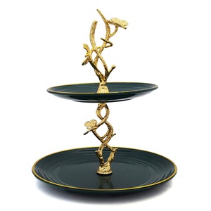 Two Tier Round Ceramic Serving Tray <b>Stand</b> With Gold Branch Design Plant Pattern Modern Luxury Dessert Display For Party Use - Product Image 1