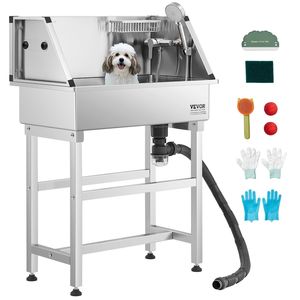 Stazione di lavaggio per cani in acciaio inossidabile da 34 pollici con rubinetto caldo/freddo, doccetta, vasca per toelettatura animali, scaffale portaoggetti, design tutto in uno senza bisogno di piegarsi - Product Image 1