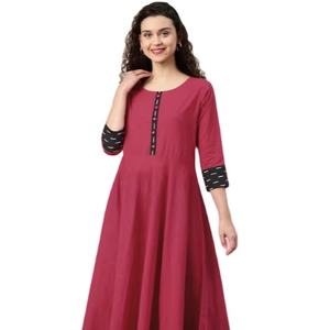 Kurta Anarkali de Algodón Rosa para Mujer, Teñido Liso, con Cuello Redondo y Mangas Tres Cuartos, Diseñada para Ropa Casual Étnica Global - Product Image 1