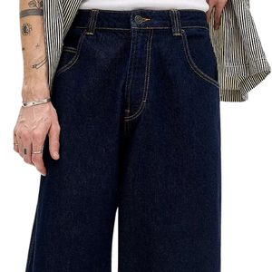 Pantalon en jean large pour homme, taille mi-haute, coupe droite ample, bleu foncé, en coton tissé, style streetwear, mode estivale, délavé uni - Product Image 3