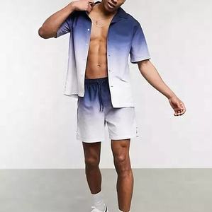 Conjunto de Dos Piezas Casual de Verano para Hombre con Logotipo Personalizable, Camisa y Pantalones Cortos de Lana Ecológica con Tinte Degradado, Cintura Elástica y Diseño Sólido - Product Image 1