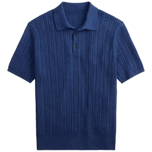Chemise pour homme en coton tricoté 100% respirant, manches courtes, couleur unie, design formel avec fermeture boutonnée, bleu - Product Image 1