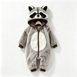 Mono con capucha de animalito adorable personalizado, pelele de peluche de mapache gris con orejas, pelele de bebé forrado de lana para clima frío - Product Image 2