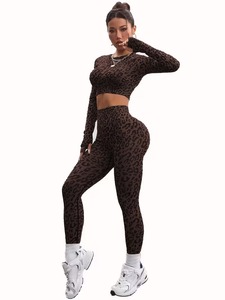 Seamless Two Piece Fitness Outfit Jacquard Animal Print Thumbhole <b>Top</b> with Ruched Booty Lifting <b>Compression</b> Workout Tights - Product Image 2