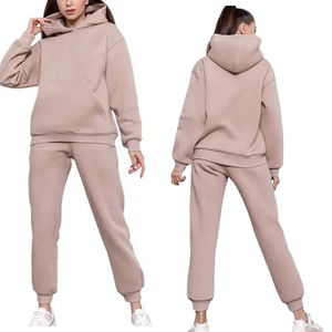 Ensemble de survêtement en molleton à capuche pour femme, couleur unie, coupe décontractée, 2 pièces, longueur intégrale, 100% coton - Product Image 1