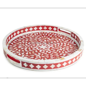 Bandeja Redonda Decorativa con Incrustaciones de Hueso, Diseño Chevron Blanco y Negro, Hecha a Mano de Primera Calidad - Product Image 6