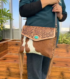 Hot Selling Hand Tooled Leather Fringe Crossbody Bag Cowhide Turquoise <b>Stone</b> Shoulder Bag Western Leather Envelope Women Purse - Product Image 2