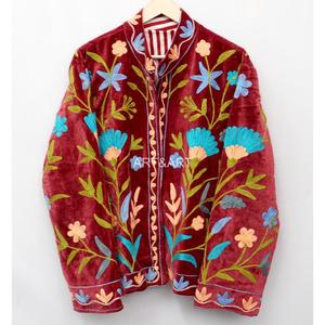 Women's Velvet Embroidered Jacket Handcrafted Floral Pattern Bohemian Style Full Sleeve Turn-down Collar Autumn Wear - Product Image 1