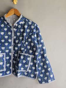 Blue Floral <b>Quilted</b> <b>Jacket</b> With Stand Collar Full Sleeve Pullover Women's Autumn Outerwear GIFT FOR HER - Product Image 3