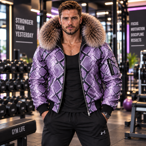 Men's Python Leather Hooded <b>Coat</b> with Genuine <b>Fox</b> <b>Fur</b> Trim Luxury Casual Motor Wear | Herren Lederjacke | Chaqueta Hombre Cuero - Product Image 6