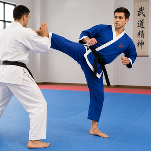 Kimono de karaté bleu avec bordure blanche pour homme adulte, uniforme d'arts martiaux en coton épais avec ceinture noire, tenue d'entraînement durable - Product Image 6
