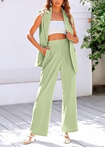 Women Sleeveless <b>Blazer</b> <b>Set</b> Solid Color Wide Leg Pants Two Piece Suit Formal Spring Summer Woven Fabric Notched Collar - Product Image 5