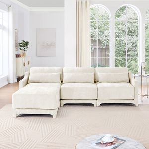Divano a Tre Posti in Ciniglia di Alta Qualità con Pouf Mobili, Facile da Montare, Base in Spugna Resistente e Legno per Soggiorni - Product Image 3
