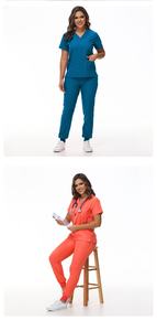 Ensemble de blouses médicales pour femmes avec logo personnalisé, pantalon de style jogging bleu turquoise et haut à col en V, uniforme professionnel pour infirmières pour l'hôpital - Product Image 3