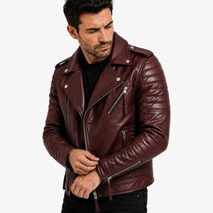 Blouson moto en cuir bordeaux pour homme avec fermeture éclair, coupe ajustée, col rabattable, style automne - Product Image 2