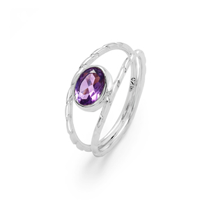 Bague fine minimaliste en argent sterling 925 pur à 100 % avec améthyste violette taille ovale sertie clos, bague de mariage raffinée - Product Image 3