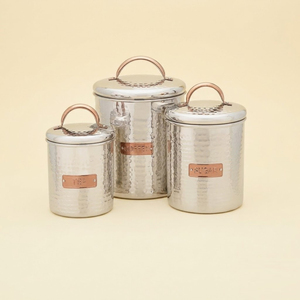 Wholesale 3 Piece Hammered Stainless Steel Kitchen Canister <b>Set</b> with Copper Finished Handles and Badges for <b>Tea</b> <b>Coffee</b> <b>Sugar</b> Sto - Product Image 1
