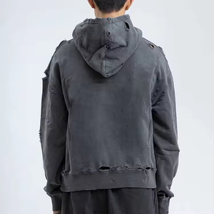 เสื้อฮู้ดดี้ลายกราฟิกแบบดิสเทรส เสื้อฮู้ดดี้แบบดิสเทรสผ้าฝ้าย เสื้อฮู้ดดี้แบบดิสเทรสผ้าฟลีซ เสื้อฮู้ดดี้สีดำแบบดิสเทรส - Product Image 2