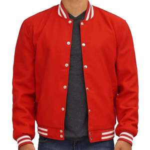 Men's <b>Red</b> Varsity Jacket With White Trim And Silver Buttons Casual Style Regular Fit Polyester <b>Material</b> Autumn Wear - Product Image 1