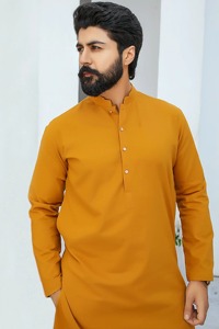 Men's Mustard Cotton Salwar Kameez <b>Long</b> Sleeve Modest Stand Collar Regular Fit Casual Daily Wear Midi Length India Pakistan - Product Image 4