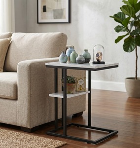 Modern C Shaped Side <b>Table</b> White Marble 2 Tier End <b>Table</b> <b>Black</b> Metal Frame Narrow Coffee Laptop Desk <b>Sofa</b> Bedside Shelf - Product Image 1