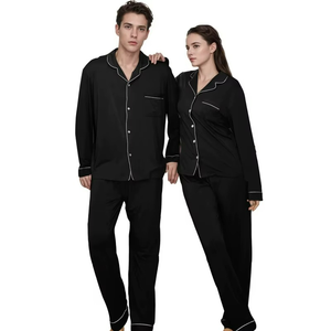 Couple Black Long Sleeve <b>Pajamas</b> <b>Set</b> Solid Color Satin Fabric Soft <b>Men</b> Women Sleepwear Autumn Wear - Product Image 1