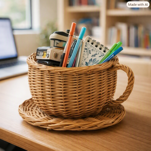 Panier de rangement multifonctionnel en rotin tressé pour tasses à thé et soucoupes, motif végétal rustique, à suspendre pour cuisine – Nouveauté - Product Image 1