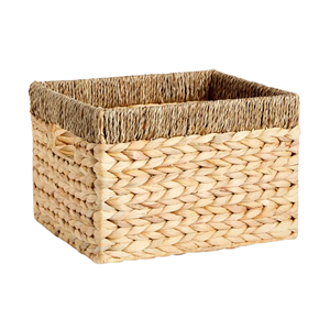 <b>Rustic</b> Handwoven Water Hyacinth Basket Boxes, Seagrass Decorative Storage Bin With Wooden Handles, Vietnam Manufacturer - Product Image 3