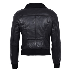 Chaqueta Bomber de Piel de Cordero Genuina para Mujer, Cuello de Punto Acanalado, Cierre Frontal con Cremallera, Estilo Casual y Motero, Fabricación Personalizada OEM ODM - Product Image 3