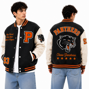 Chaqueta Letterman Negra Clásica, Chaqueta Bomber Varsity con Cuerpo de Lana Negra, con Parches Bordados Personalizados, Ropa Exterior de Marca Privada, Ropa Urbana - Product Image 1