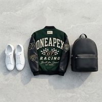 Blouson d'hiver pour homme en toile noir et vert avec manches en cuir, style Letterman, Bomber, Motorsport, Streetwear, personnalisable, vente en gros