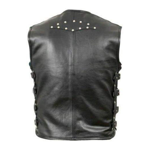 Gilet sans manches en cuir PU noir pour homme avec plusieurs poches, décoration à rivets, fermeture à trois boutons, style motard - Product Image 2