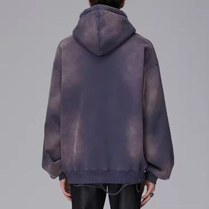 เสื้อฮู้ดดี้ผู้ชายผ้าฝ้ายหนานุ่มคุณภาพสูงสำหรับฤดูหนาว พิมพ์ลายดิจิทัล แต่งขาดแบบดิสเทรส ล้างสีแบบ Stone Acid Wash - Product Image 2