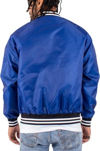 <b>Men's</b> Royal Blue Varsity <b>Jacket</b> Solid Color Button Closure Turn-down Collar Casual Style Autumn Wear Regular Fit Satin Lining - Product Image 3
